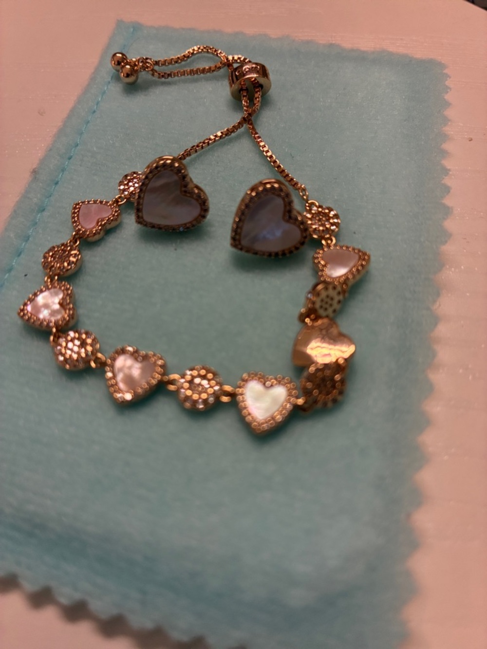 APM Gold Heart Mother-of-Pearl Adjustable Bracelet  and Heart Earrings